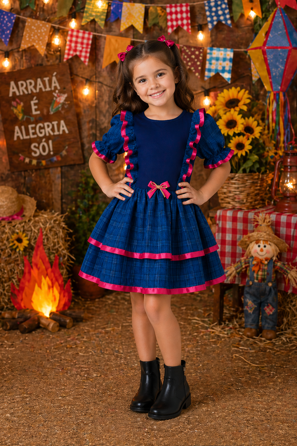 Vestido Infantil Festa Junina - Caipira Tradicional Azul