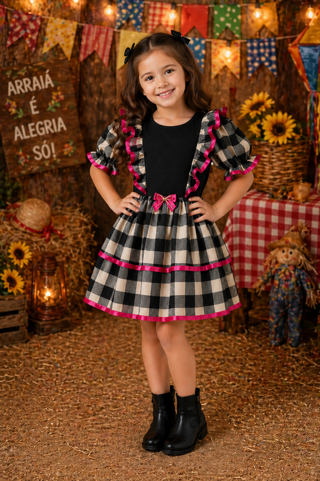 Vestido Infantil Festa Junina - Caipira Tradicional Preto e Branco