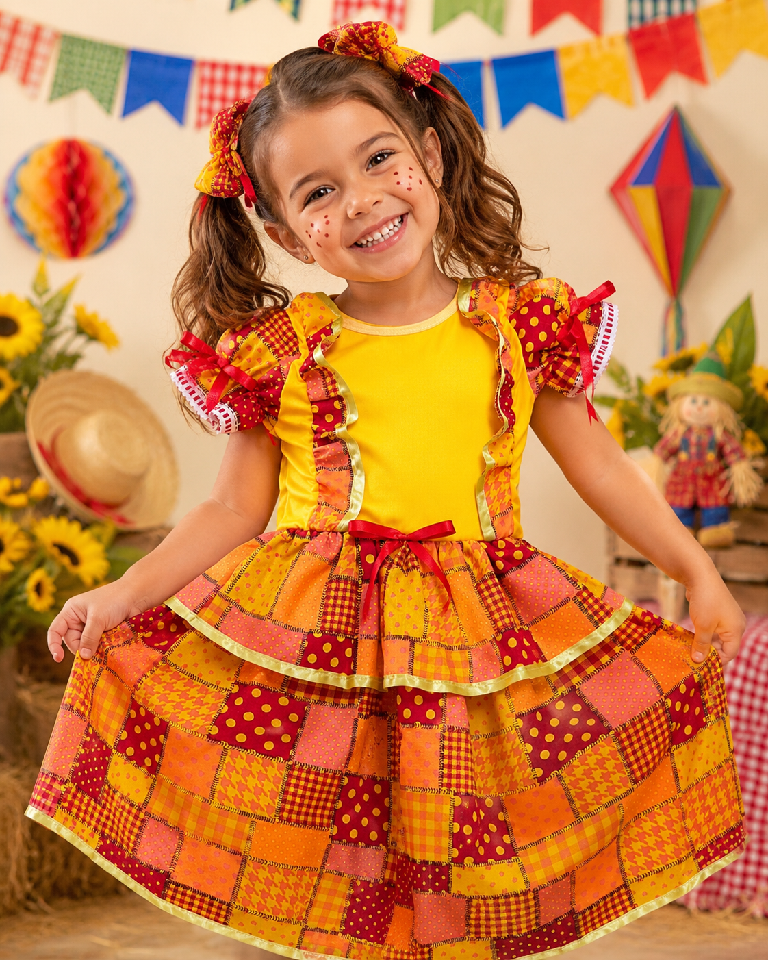 Vestido Infantil Festa Junina - Caipira tradicional Xadrez Amarelo