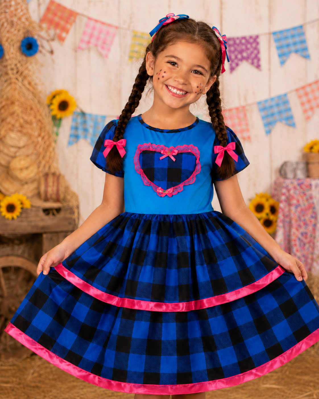 Vestido Infantil Festa Junina - Caipira Tradicional Xadrez Azul