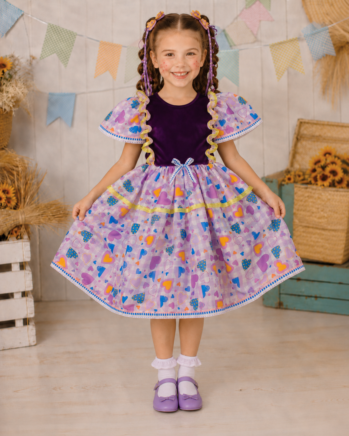 Vestido Infantil Festa Junina - Caipira Tradicional Roxo Coração