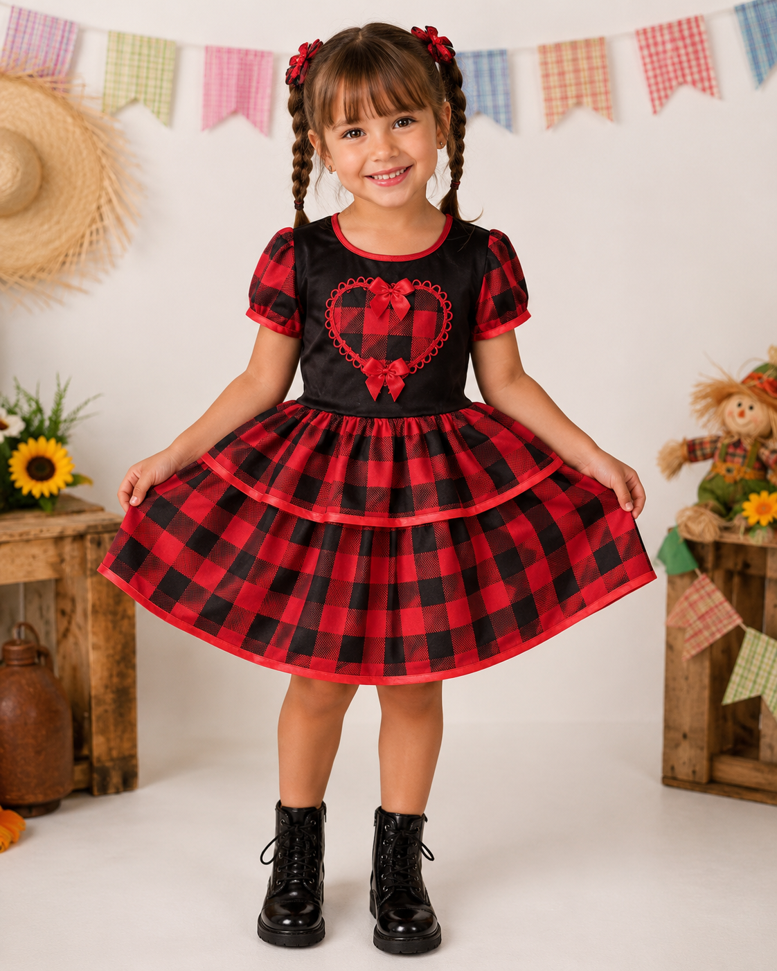 Vestido Infantil Festa Junina - Caipira Tradicional Vermelho Coração